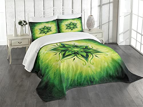 ABAKUHAUS Blatt Tagesdecke Set, Esoteric Mystical, Set mit Kissenbezügen Waschbar, für Einselbetten 170 x 220 cm, Lindgrün