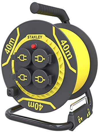 Enrouleur STANLEY chantier, IP44, Câble Type: H07RN-F 3G2, 5mm², 40 Mètres. Flasque Plastique, Support Métal renforcé. Guide Câble. 4 prises 16A+T + clapets