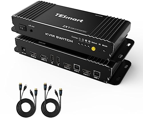 Switch KVM HDMI TESmart a 2 Ingressi e 1 Uscita 4K a 60 Hz per 2 Computer e 1 Monitor, USB 2.0, Emulatore EDID, Modalità Pass-Through, Commutazione Tramite Tasti di Scelta Rapida da Tastiera
