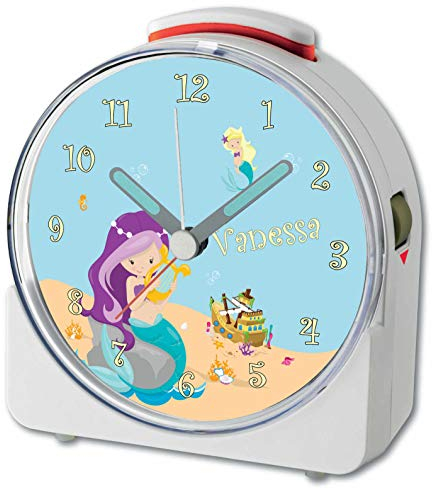 CreaDesign, WU-71-1035, Meerjungfrau, analog Kinderwecker weiß, Funkwecker mit Sweep-Uhrwerk und fluoreszierenden Zeiger und Licht, personlisiert mit Namen, 10,2 x 4,6 x 11 cm