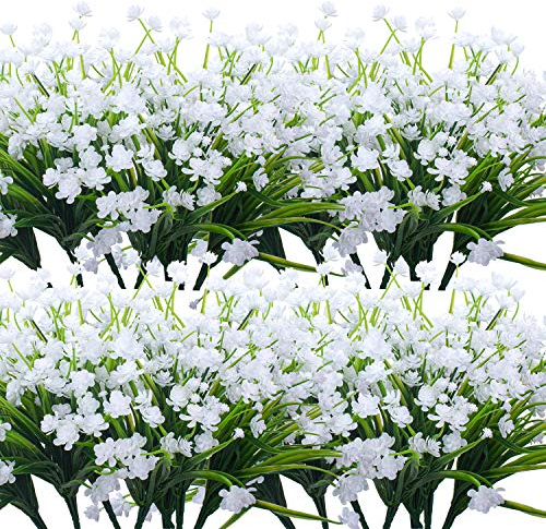 Grunyia Künstliche Blumen, 20 Bündel Outdoor Fake Blumen für Dekoration UV-beständige Kunstpflanze Garten Veranda Fenster Box Dekor (weiß)
