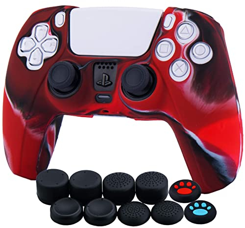 YoRHa Silikon Hülle Skin Case für PS5 Controller (Tarnrot) x 1 mit Aufsätze Kappen x 10