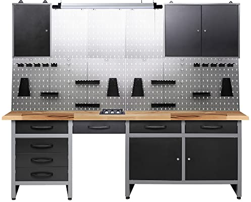 Ondis24 Werkstatt Werkstatteinrichtung 240cm Komplettset mit LED und Bluetooth Lautsprechern, inkl. versenkbare Steckdosenleiste grau Werkbank Werkzeugschrank Lochwand