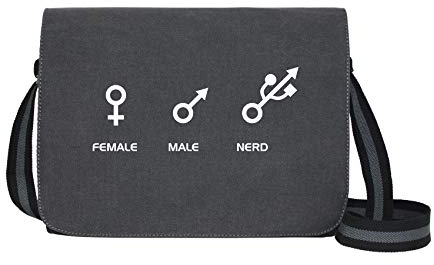Female Male Nerd - Umhängetasche Messenger Bag für Geeks und Nerds mit 5 Fächern - 15.6 Zoll, Schwarz Anthrazit