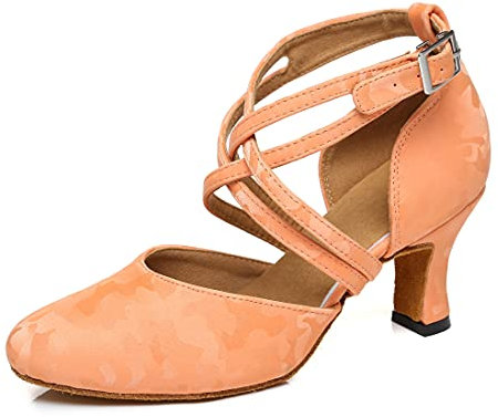MINITOO Women Dance Shoes Closed Toe Party Evening Wedding Pumps with Ankle Strap L457 Orange Yellow UK 5
