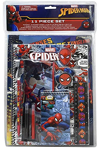 Innovative Designs, LLC Spiderman Schulbedarfsset – Back to School Bundle Pack mit Notizbuch, Ordnern, Block, Tasche, Marker, Bleistift, Radiergummi, Lineal und Spitzer, 11-teiliges