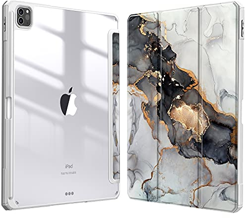 FINTIE Hybrid Hülle für iPad Pro 12.9 2022 (6. Generation)/ iPad Pro 12.9 2021/2020/2018 mit Stifthalter - Stoßfeste Schutzhülle mit transparenter Hartschale auf der Rückseite, Trüber Marmor