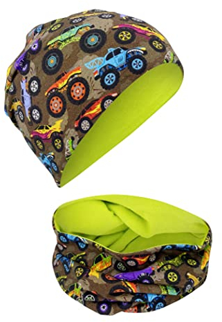 HECKBO Kinder Beanie Mütze & Schlauchschal Set - Monster Truck Design - Wendbar & Baumwolle - Abenteuer für Kinder 2-8 Jahre - Einheitsgröße, Monster Truck,