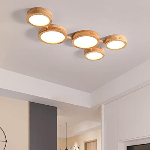 SAIVITT Deckenlampe Kronleuchter Holz LED Wohnzimmer Lampe Vintage Holzlampe 5-flammig Mode Deckenleuchte Esstisch Esszimmer Schlafzimmer Büro Wandleuchte Beleuchtung, Weißes Licht, 88x45cm