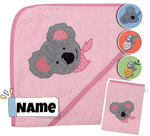 Baby Kapuzenhandtuch Set mit Waschlappen | 100% Bio Baumwolle | Baby Handtuch 80 x 80 cm Kapuzenbadetuch | personalisiert mit Name | Baby Badetuch Bestickt mit Namen (Koala Perlrosa)