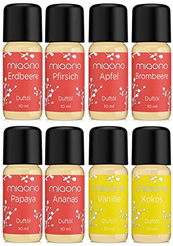Duftöl Set Lieblingsfrucht von miaono - Erdbeere, Pfirsich, Apfel, Brombeere, Papaya, Ananas, Vanille, Kokos - hochwertige Duftöle für Duftlampe und Diffuser - abgefüllt in Deutschland