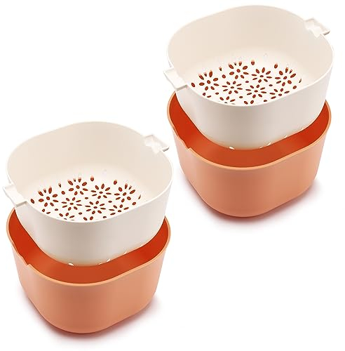 MASJENBU Lot de 2 passoires et passoires robustes pour évier de cuisine pour le lavage des fruits et légumes, passoire à pâtes et nouilles, sans BPA, passe au lave-vaisselle, orange blanc, 2,5 l