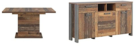 Forte Clif Esstisch ausziehbar, Holzwerkstoff, Old-Wood Vintage 160-200 x 76,6 x 90 cm & Clif Kommode mit 3 Türen und 2 Schubkästen, Dunkelgrau, 156,4 x 86,3 x 41,6 cm