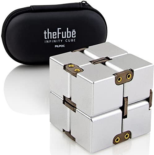 PILPOC theFube Infinity Cube Fidget Desk Toy - Premium Quality Aluminum Infinite Magic Cube with Exclusive Case, Sturdy, Heavy, Relieve Stress and Anxiety, for ADD, ADHD, OCD (Silver)