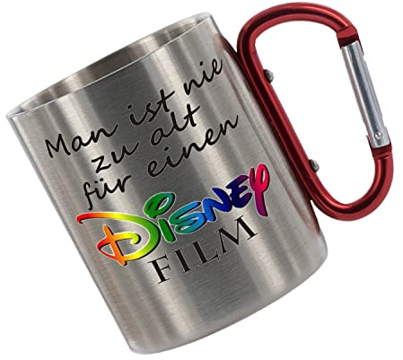 Crealuxe Edelstahltasse mit Karabiner - Man ist nie zu alt für einen Disney Film - 330ml, Tasse bedruckt, Kaffeetasse, Bürotasse, Metalltasse mit Name