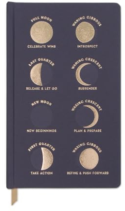DesignWorks Ink Cloth Hardcover Journal Notebook with Lined Pages and Ribbon Marker for Work, Writing, Journaling - Charcoal Blue Journal with Gold Moon Phases and Affirmations