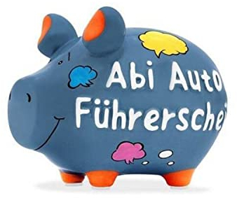 KCG Sparschwein Abi Auto Führerschein Spardose aus Keramik mit Gummi-Verschluss Kleinschwein 12,5 x 9 x 9 cm