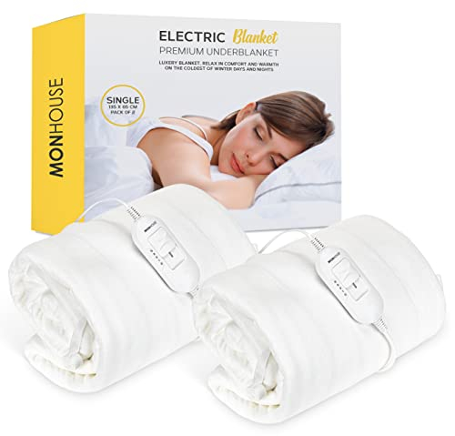 MONHOUSE Premium Soft Fleece Electric Blanket - Heated Under Blanket - Fully Fitted Heated Mattress Cover - Detachable Controller & Machine Washable - 3 Heat Settings - Single 65x135cm - White
