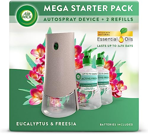 Air Wick Aerosol-Free Automatic Air Freshener Spray Bundle Kit, Eucalyptus & Freesia, 1 Gadget & 2 Refills (228ml), 24x7 Active Fresh Odour Neutraliser, Lasts Up to 140 Days, Air freshener For Home