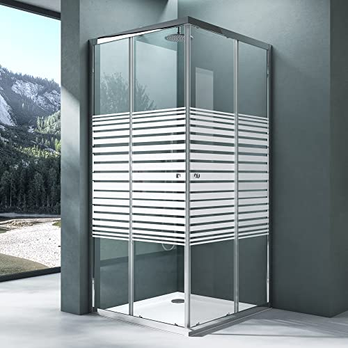 Mai & Mai Duschkabine Duschwand mit Doppel-Schiebetür inkl. Duschtasse 80x100 cm Eckeinstieg Echtglas Lotuseffekt ESG-Sicherheitsglas Milchglasstreifen mit Magnetverschluss R16MS Plus