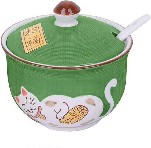 GImLY Ceramics Japanese Lucky Cat Sugar Bowl Salt Storage Jar with Lid And Spoon