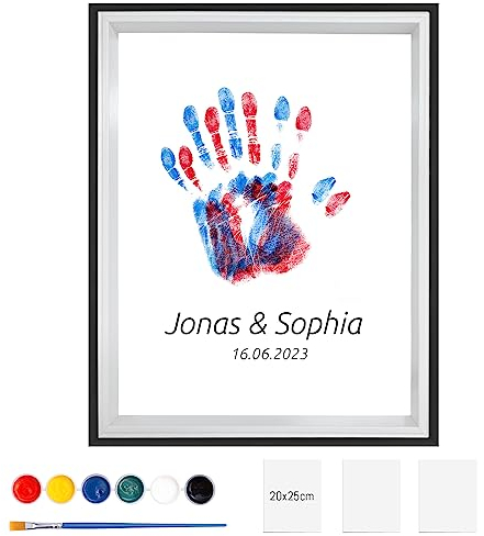 Meetory Premium Bilderrahmen Schwarz Bilderrahmen Holz 27 * 22cm | Bilderrahmen DIN A4 mit Blatt Papier(3 STK+Farben und Pinsel, DIY Handabdruck Kreation