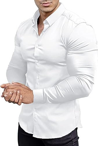 EOUOSS Chemise Moulante à Manches Longues pour Hommes, Coupe ajustée Extensible, Style décontracté Sportif., Blanc, Taille M