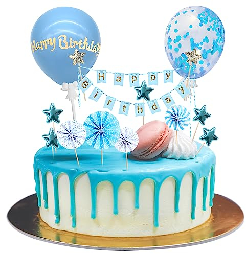 Moorle Tortendeko Blau 12 Stück, Happy Birthday Kuchendeko, Kuchendeko Geburtstag Junge, Cake Topper Blau, Papierfächer Sterne Cupcake Tortenstecker für Geburtstag Dekoration Junge Mädchen
