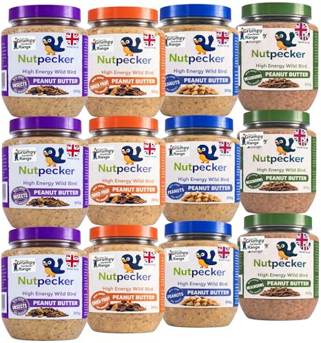 Grumpy Gardener Peanut Butter for Birds - Suet Butter Jars, 12 x 330g | Mixed Flavour No-Mess Wild Bird Food, Fits Hanging Feeders or Use to Make High-Energy Suet Nuggets & Pellets