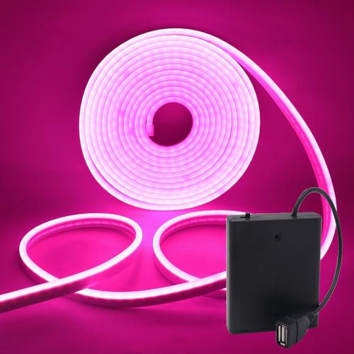 HEGEHE - Striscia neon LED flessibile impermeabile in silicone rosa tagliabile da 2m, alimentata a batteria/USB, SMD2835, 120 LED/m, design fai da te, decorazione di case e negozi