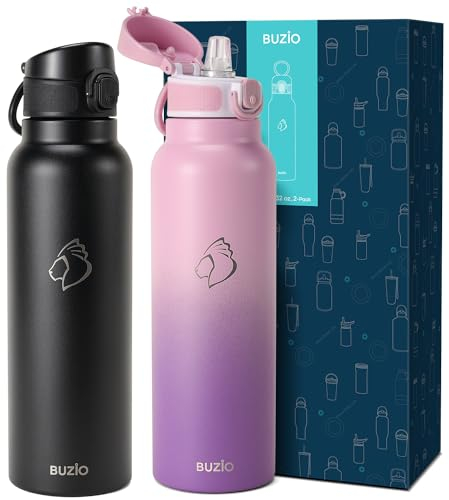 BUZIO 2 Pack Insulated Water Bottle with Straw 1L - Stainless Steel Water Bottle with Straw 1L and POPUP Lid - BPA Free - Cold for 48 Hrs - 100% Leak Poof - 1L Water Bottle - Black&Purple