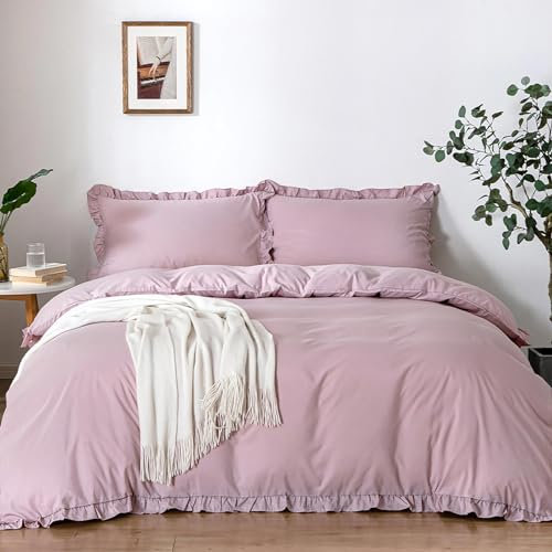 Tokokimo Pink King Size Duvet Cover Sets - Ruffle Bedding Sets, Soft Microfiber Luxury Duvet Cover Set Kingsize with 2 Pillowcases, Girly Gifts Pink Duvet Covers 230x220 cm, Pink/Ruffled Frills