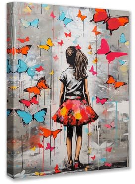 Tucocoo Wanddekorationen für Wohnzimmer, bunte Schmetterlinge, Banksy-Mädchen-Gemälde, 1 Paneel, Leinwand, Straßen-Graffiti-Wandkunst, modernes Kunstwerk, Heimdekoration, Giclée-gerahmt, fertig zum
