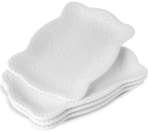 UIBFCWN Set of 4 Serving Plates, Porcelain, Rectangular Serving Plates, 26.5 x 16.5 cm, White Small Dinner Plates for Dessert, Cake, Sushi, Salad, Appetizers, Meat, Dishes etc