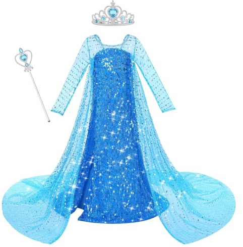 ACWOO Elsa kostüm mädchen, Elsa Mädchen Prinzessin Kostüm, Elsa Kostüm Accessoires für Mädchen, Elsa Kleid Kinder Set mit Krone Zauberstab für Halloween Weihnachten Karneval Party
