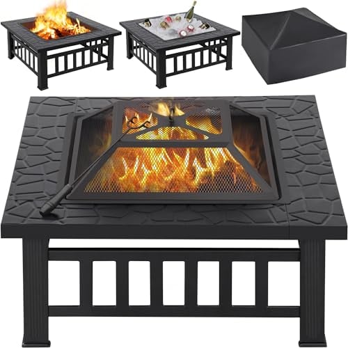 Yaheetech Outdoor Fire Pit 81cm Square Fire pits 3-in-1 Heat-resistant Metal Garden Stove for Barbecue, Heating, Cooling Drinks with Cover & Poker, Black