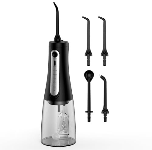 Water Flosser für die Zahnreinigung, professionelle kabellose Munddusche 5 Modi & 4 Jet Tips USB-C Wiederaufladbar IPX7 Wasserdichtes Wasser Dental Picks für Zuhause Reisen (Schwarz)