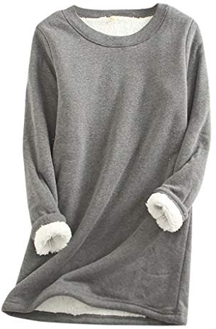LUNULE Damen Pullover Elegant Einfarbig Langarm Teddy Fleece Sweatshirt Warmer Plüsch Gefütterte Pulli Ohne Kapuze Casual Rundhals Winterpullover