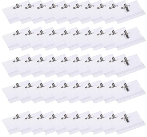 Zynewa Lot de 50 badges nominatifs, 9 x 5,6 cm, pour vêtements, avec clip et épingle, porte-badge transparent, avec carte vierge, pour l'école, l'entreprise, les conférences, les événements