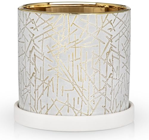 Arborus Ceramic Plant Pot with Saucer 13cm Decorative Indoor Planter with Geometric Pattern for Succulents Small Houseplants Modern White Gold Flower Pot with Drainage Holes for Home Garden Décor