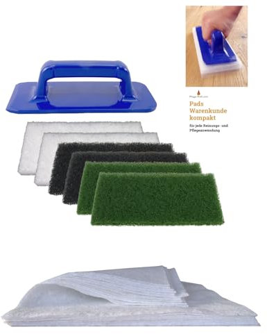 Padhalter mit Handgriff inkl. 6 Superpads - 2 schwarze Reinigungspads, 2 grüne Massierpads, 2 weiße Polierpads, 10 Ölsaugtücher inkl. Anleitung - Zubehör Set zum Ölen von Parkett und Holzfußböden