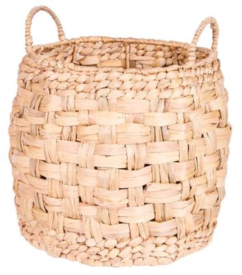 Laundry Basket with Handles Hand Woven Sustainably Sourced Water Hyacinth Round Linen Bin Hallway Bedroom Bathroom Wash Basket Storage Accessory (Small)