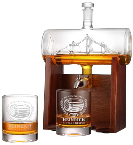 polar-effekt Jarra de whisky y 2 vasos con grabado personalizado, regalo de cumpleaños para hombres, con decantador de 1000 ml, 2 vasos de 320 ml, soporte de madera y grifo