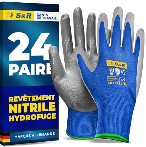 S&R 24 pares de guantes de trabajo para hombre de nitrilo resistente L/9. Guantes de montaje mecánico, jardinería, bricolaje, antideslizantes y antiabrasión.