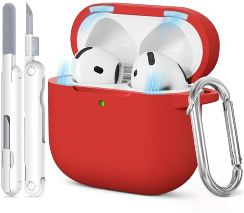 TNSNK für AirPods 4 Hülle, C-M-Red | Magnetic Lid, Weiches Silikon, unterstützt kabelloses Laden, with Clean Kit & Keychain, Leicht, Rutschfest, Kratzfest
