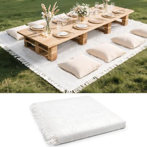 102 x 71 cm extra große weiße Picknickdecke für den Außenbereich, gewebtes Baumwollgarn, übergroße tragbare Decke mit Fransen für Camping, Strand, Rasen oder Hochzeit, Bohemia für den Innenbereich