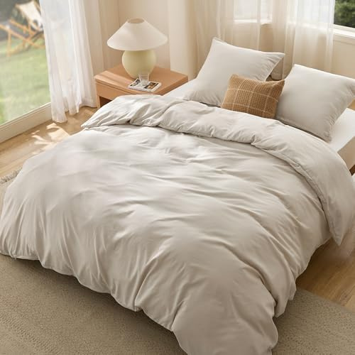 BEDSURE Bettwäsche 200x200 3teilig Leinen - 1 Bettbezug 200x200 cm + 2 Kissenbezüge 65X65 cm, ÖKO-TEX Bettwäsche-Sets Beige Polyester Mikrofaser mit Reißverschluss