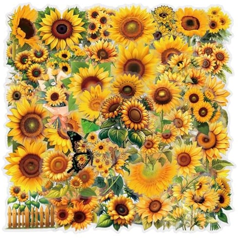 50 Stück Sunflower Aufkleber Pack Sonnenblumen Sticker Set Transparent Wasserdichte Vinyl Sticker für Laptop Kinder Autos Motorrad Fahrrad Skateboard Gepäck Koffer Computer Aufkleber Graffiti Decal