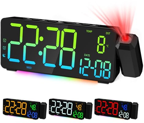 EVILTO Alarm Clock Projector With Snooze Fonction Doule Alarm LED Mirror Screen 12/24H Adjustable Brightness Bedroom, Black
