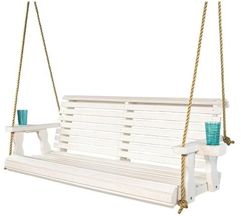 Hhaoran-9868 Banco de jardín para terraza Columpio for Exteriores, Silla suspendida Enrollable for Ocio, Columpio de Madera con Cuerda suspensión, portavasos Banco de Exterior de Hierro Forjado